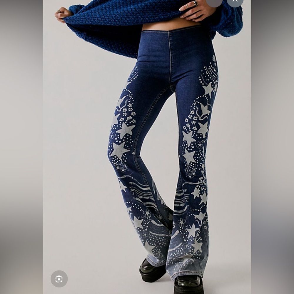 Free People We the Free x Anna Sui Penny Star Printed Pull-On Flare Jeans